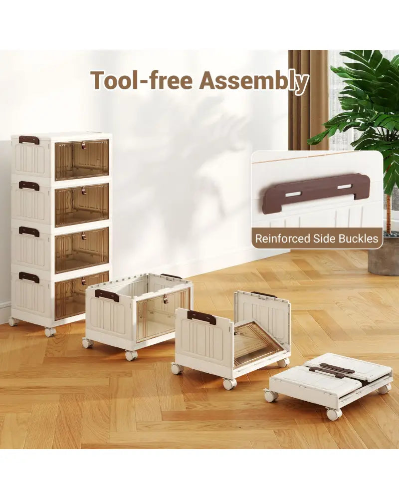 4-Tier Collapsible Shoe Box Lid Doors and Lockable Wheels-White - White - Shoe Racks & Storage Benches