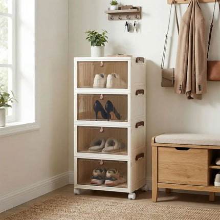 4-Tier Collapsible Shoe Box Lid Doors and Lockable Wheels-White - White - Shoe Racks & Storage Benches
