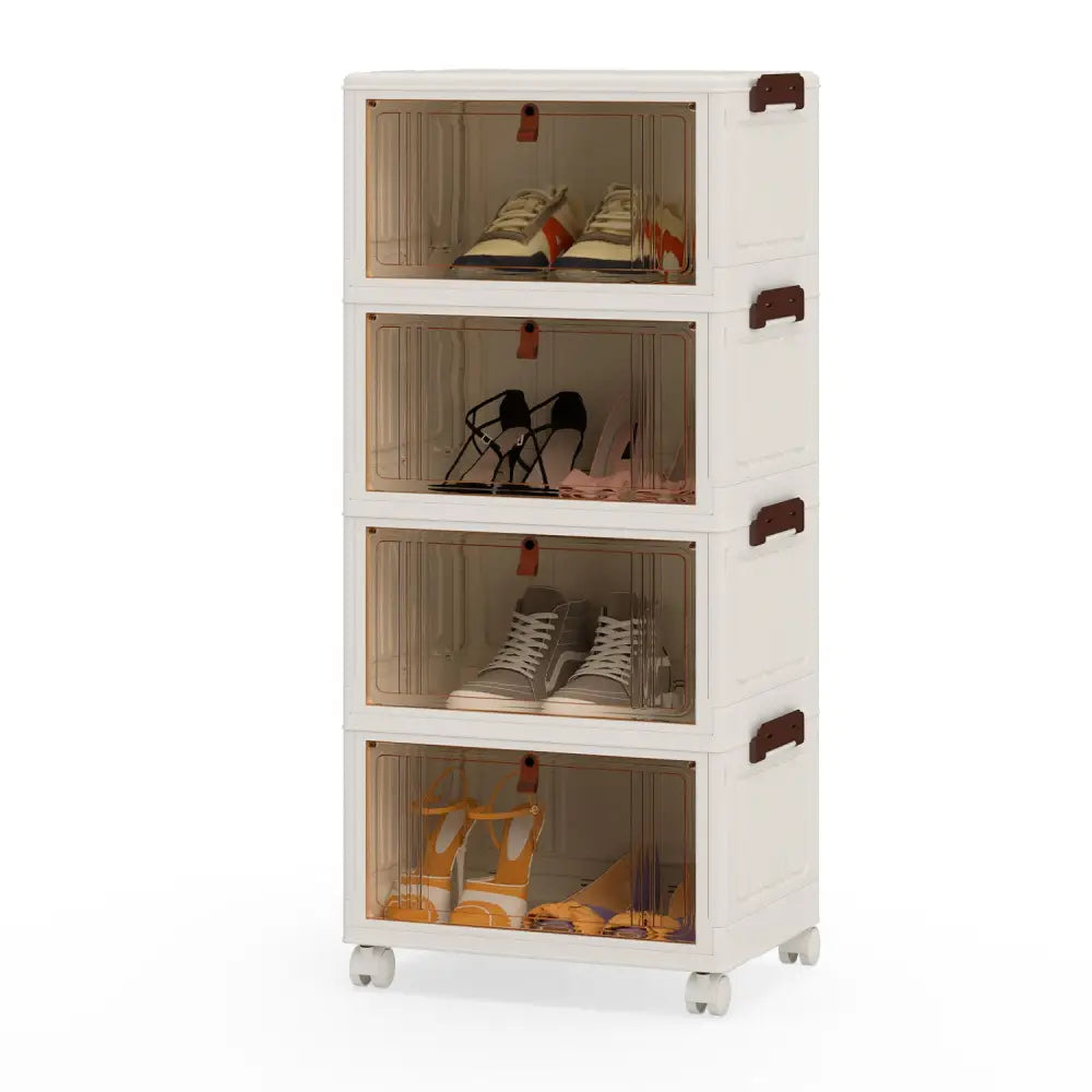 4-Tier Collapsible Shoe Box Lid Doors and Lockable Wheels-White - White - Shoe Racks & Storage Benches