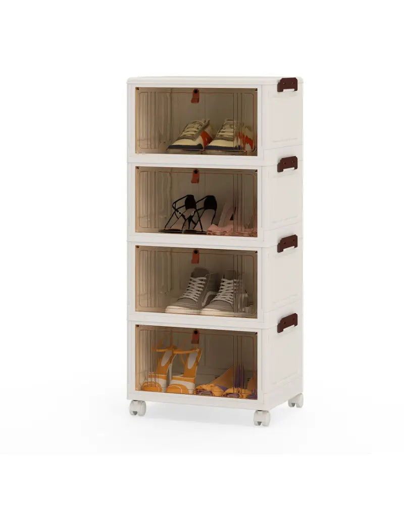 4-Tier Collapsible Shoe Box Lid Doors and Lockable Wheels-White - White - Shoe Racks & Storage Benches