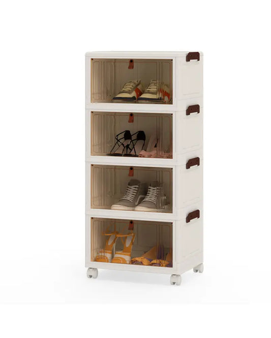 4-Tier Collapsible Shoe Box Lid Doors and Lockable Wheels-White - White - Shoe Racks & Storage Benches