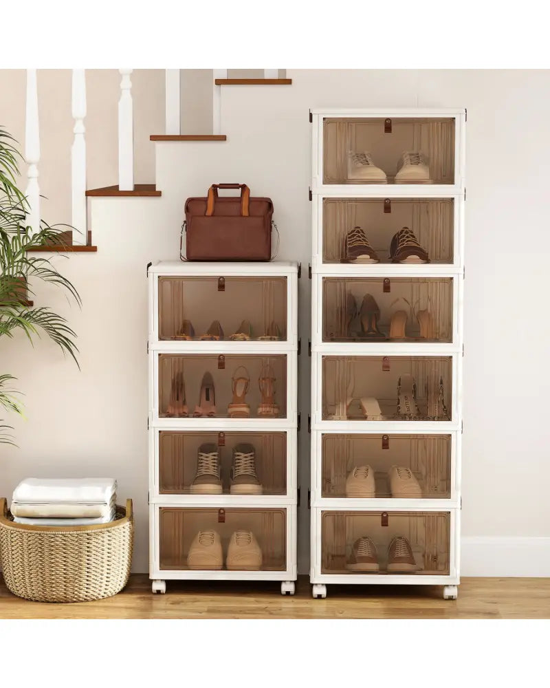 4-Tier Collapsible Shoe Box Lid Doors and Lockable Wheels-White - White - Shoe Racks & Storage Benches
