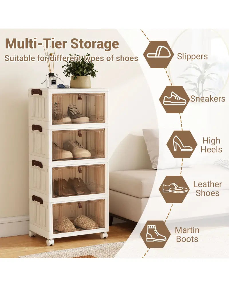 4-Tier Collapsible Shoe Box Lid Doors and Lockable Wheels-White - White - Shoe Racks & Storage Benches
