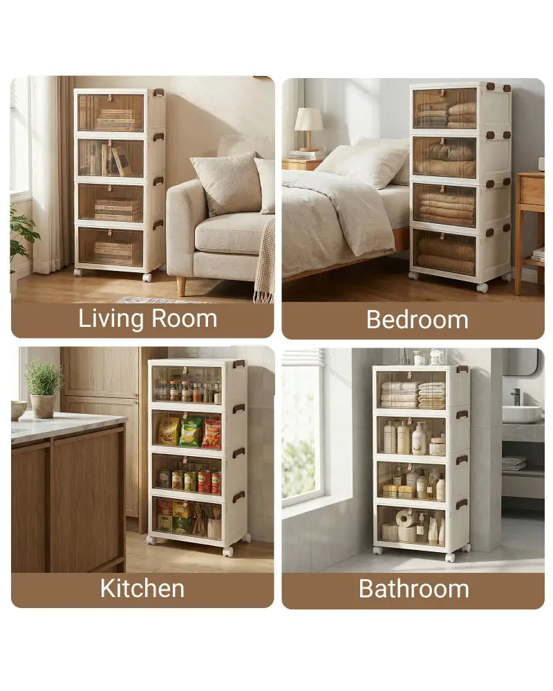 4-Tier Collapsible Shoe Box Lid Doors and Lockable Wheels-White - White - Shoe Racks & Storage Benches