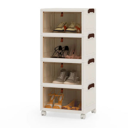 4-Tier Collapsible Shoe Box Lid Doors and Lockable Wheels-White - White - Shoe Racks & Storage Benches