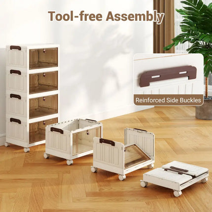 4-Tier Collapsible Shoe Box Lid Doors and Lockable Wheels-White - White - Shoe Racks & Storage Benches