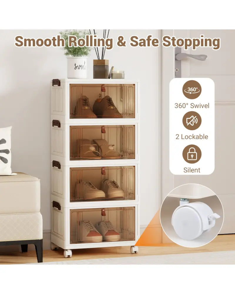 4-Tier Collapsible Shoe Box Lid Doors and Lockable Wheels-White - White - Shoe Racks & Storage Benches