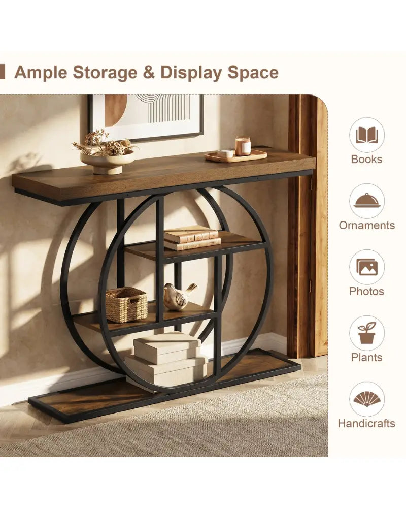 4-Tier Console Table 41 Inches Entryway Table with Storage Shelves-Brown - Brown - Console Tables