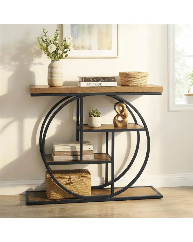 4-Tier Console Table 41 Inches Entryway Table with Storage Shelves-Brown - Brown - Console Tables