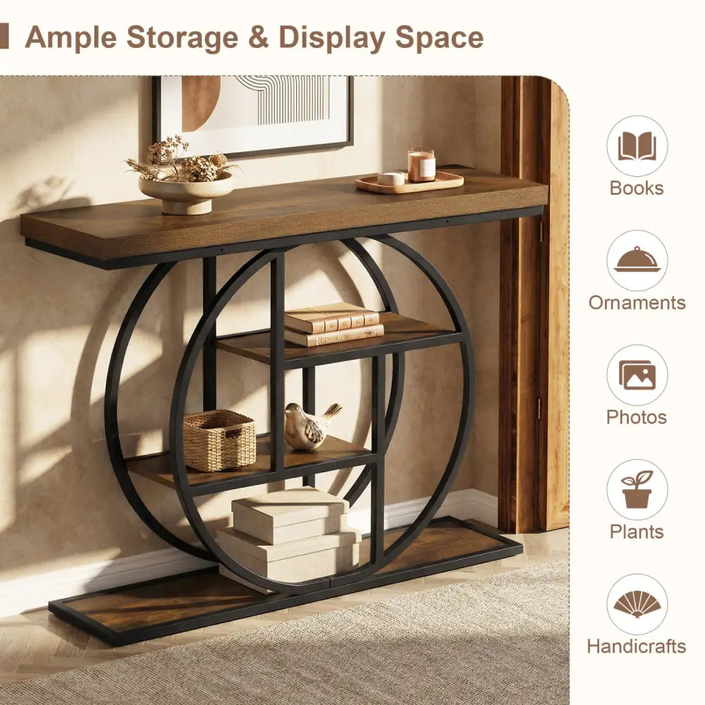 4-Tier Console Table 41 Inches Entryway Table with Storage Shelves-Brown - Brown - Console Tables