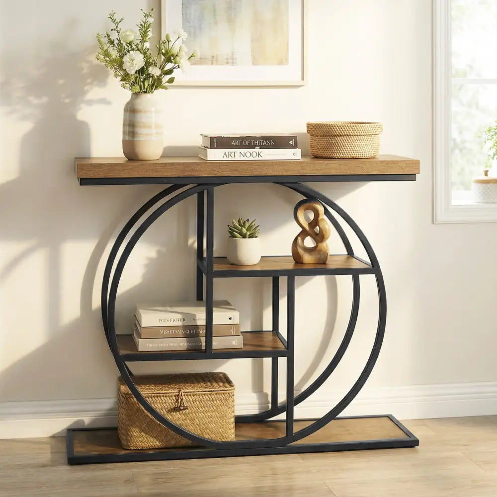 4-Tier Console Table 41 Inches Entryway Table with Storage Shelves-Brown - Brown - Console Tables