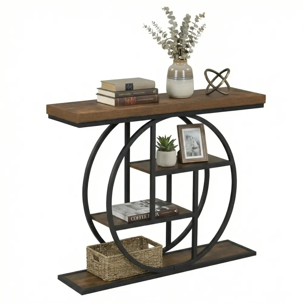 4-Tier Console Table 41 Inches Entryway Table with Storage Shelves-Brown - Brown - Console Tables