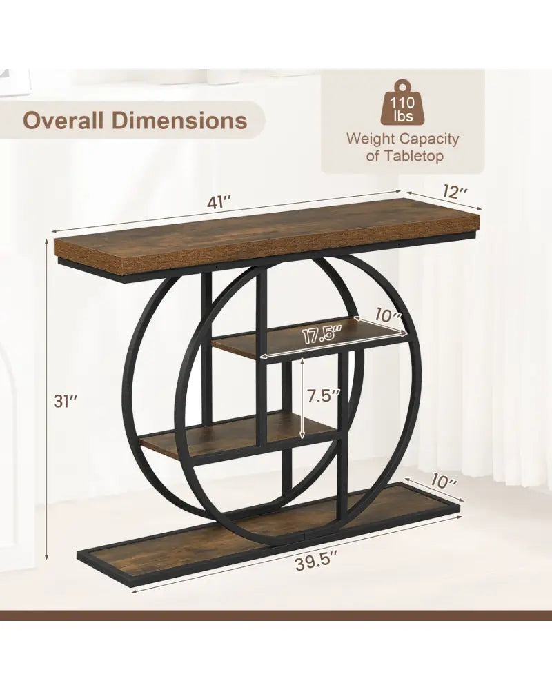 4-Tier Console Table 41 Inches Entryway Table with Storage Shelves-Brown - Brown - Console Tables