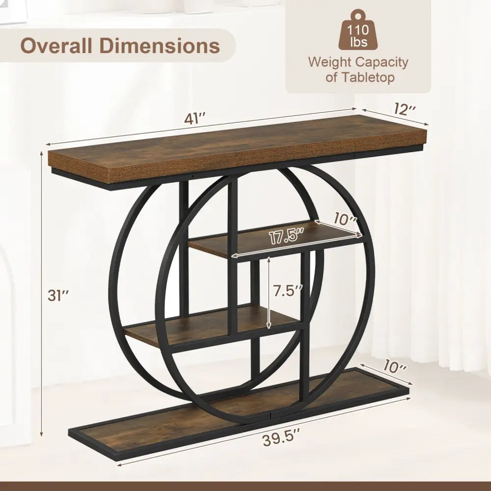 4-Tier Console Table 41 Inches Entryway Table with Storage Shelves-Brown - Brown - Console Tables