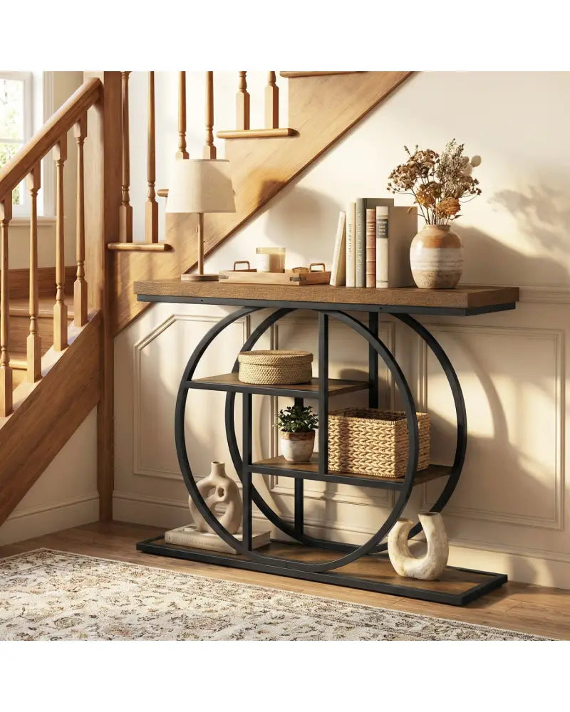 4-Tier Console Table 41 Inches Entryway Table with Storage Shelves-Brown - Brown - Console Tables