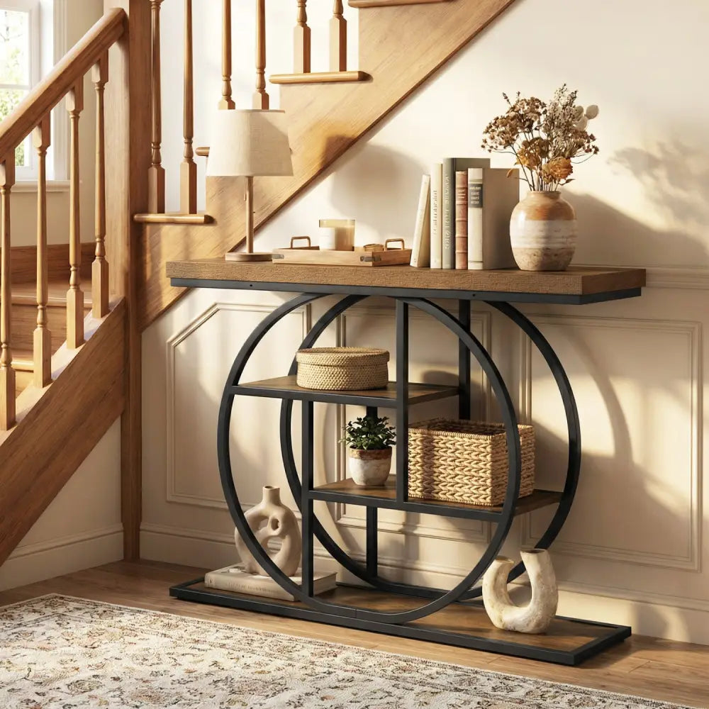 4-Tier Console Table 41 Inches Entryway Table with Storage Shelves-Brown - Brown - Console Tables