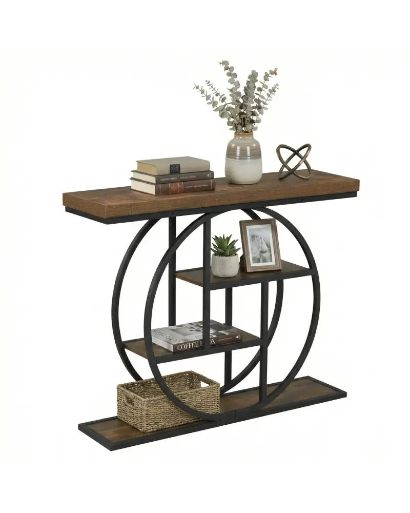 4-Tier Console Table 41 Inches Entryway Table with Storage Shelves-Brown - Brown - Console Tables