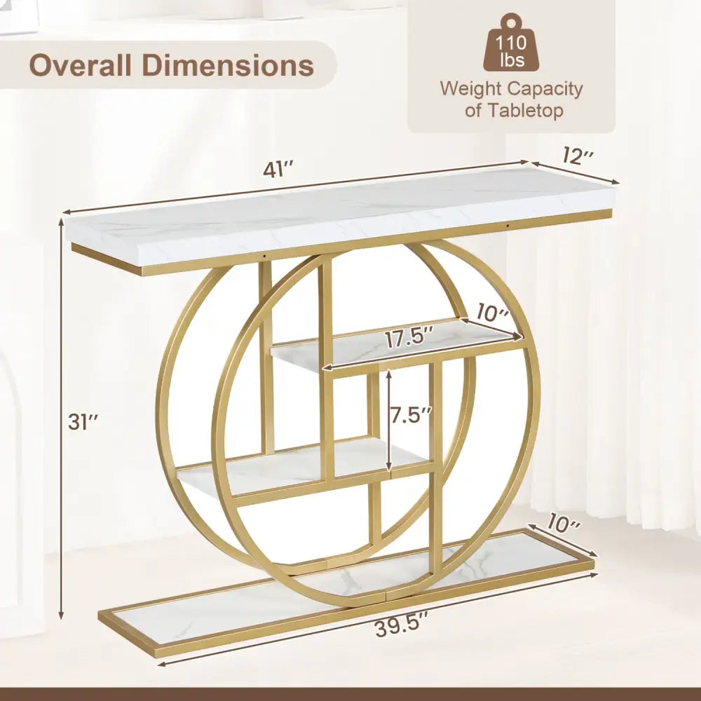 4-Tier Console Table 41 Inches Entryway Table with Storage Shelves-White - White - Console Tables