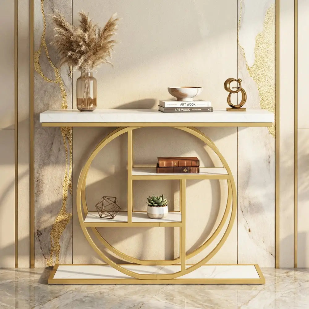 4-Tier Console Table 41 Inches Entryway Table with Storage Shelves-White - White - Console Tables