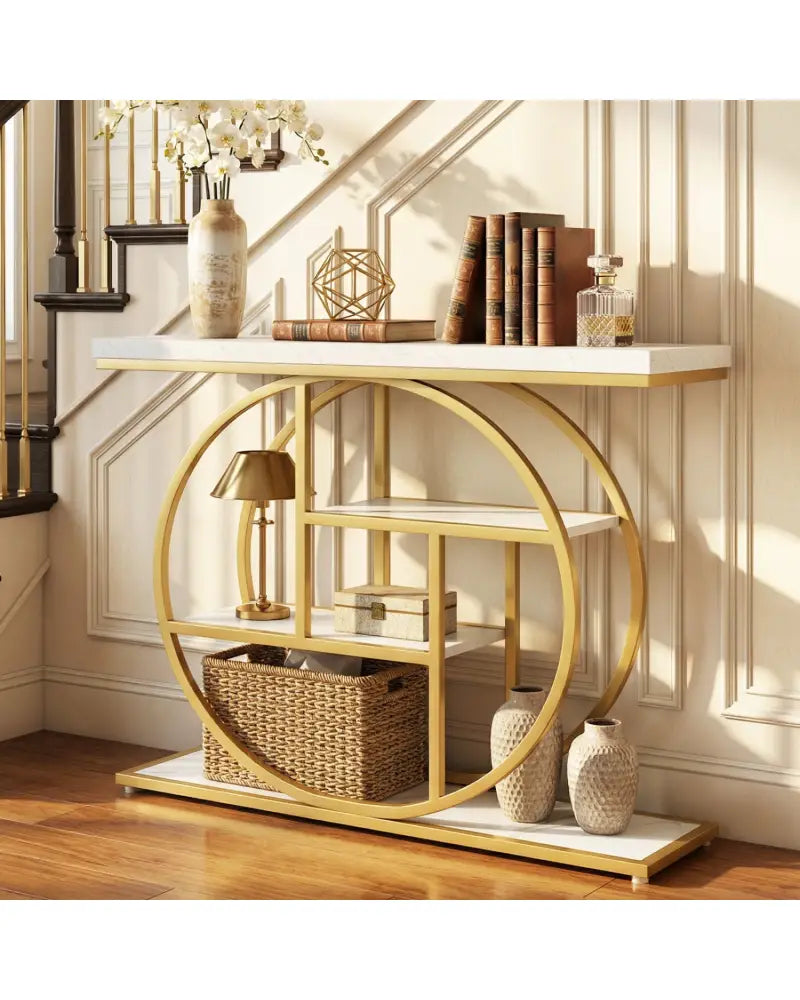 4-Tier Console Table 41 Inches Entryway Table with Storage Shelves-White - White - Console Tables