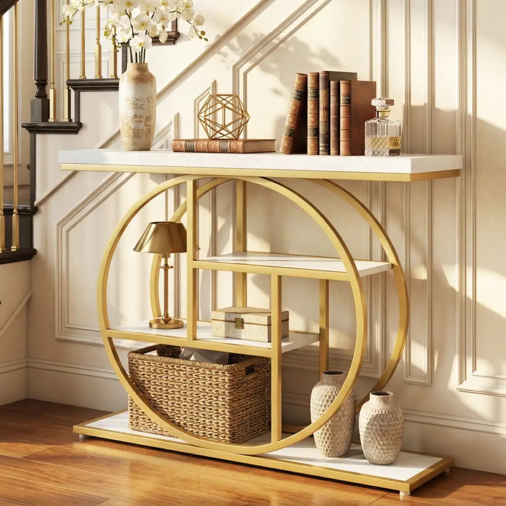 4-Tier Console Table 41 Inches Entryway Table with Storage Shelves-White - White - Console Tables