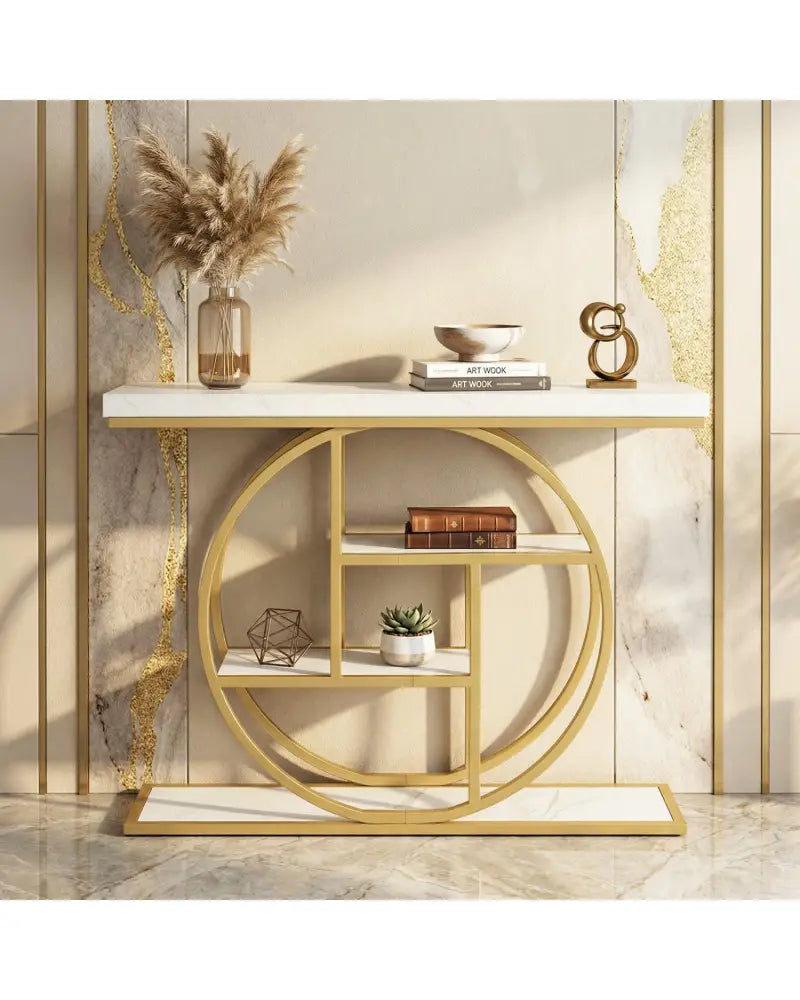 4-Tier Console Table 41 Inches Entryway Table with Storage Shelves-White - White - Console Tables