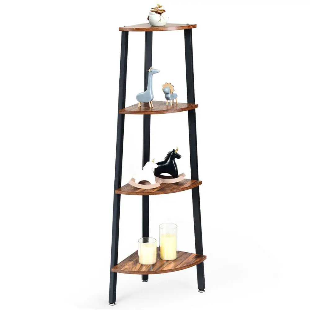 4-Tier Corner Shelf Metal Storage Rack Domestic Bookcase-Brown - Black - Bookcases
