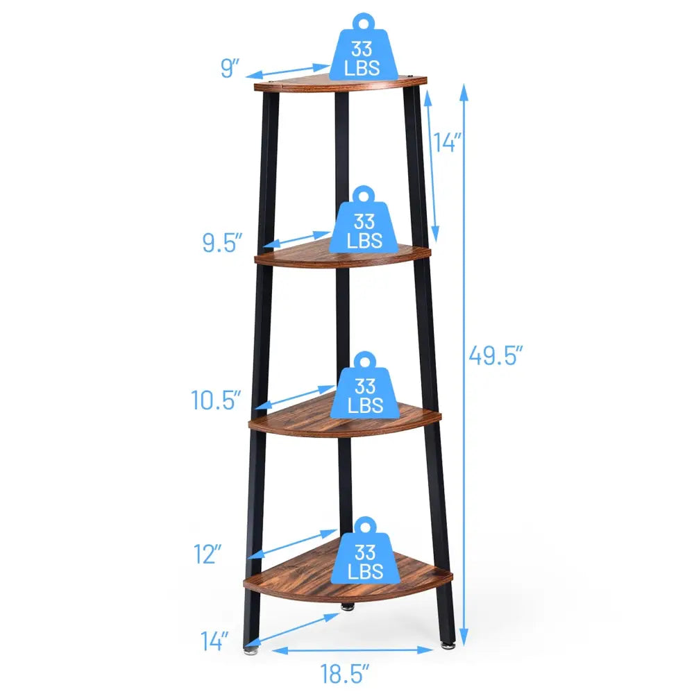 4-Tier Corner Shelf Metal Storage Rack Domestic Bookcase-Brown - Black - Bookcases