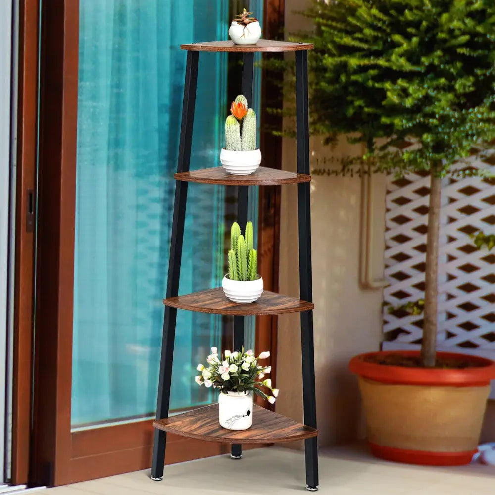 4-Tier Corner Shelf Metal Storage Rack Domestic Bookcase-Brown - Black - Bookcases