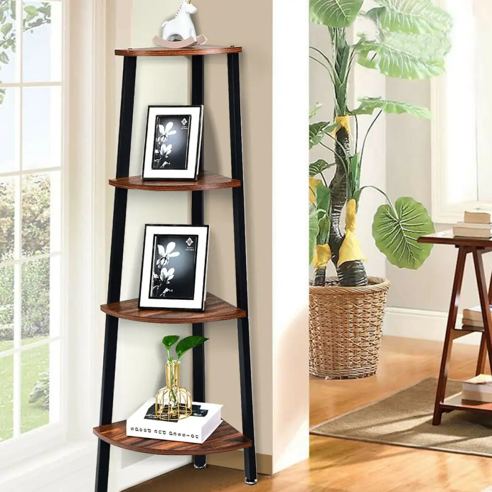 4-Tier Corner Shelf Metal Storage Rack Domestic Bookcase-Brown - Black - Bookcases