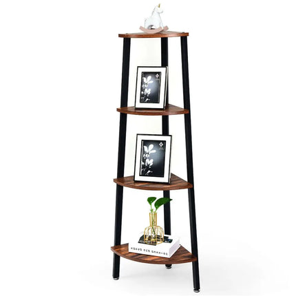 4-Tier Corner Shelf Metal Storage Rack Domestic Bookcase-Brown Costway