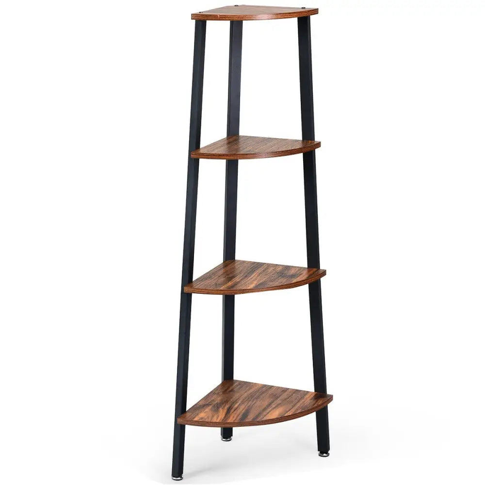 4-Tier Corner Shelf Metal Storage Rack Domestic Bookcase-Brown - Black - Bookcases