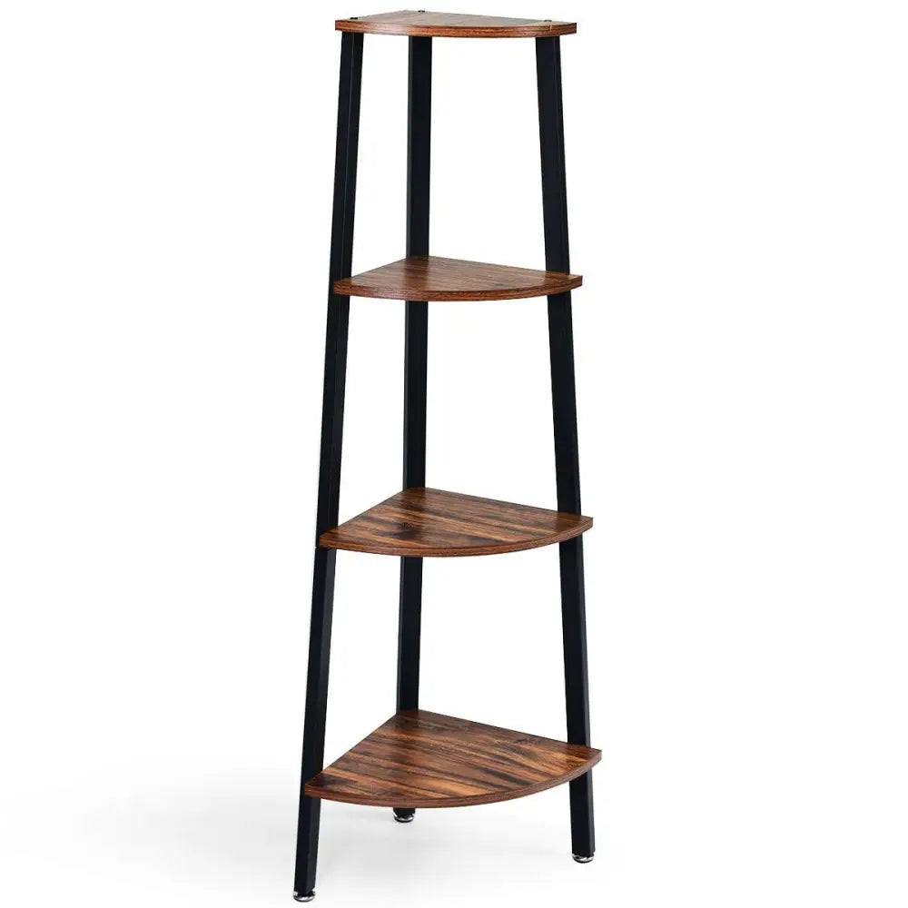 4-Tier Corner Shelf Metal Storage Rack Domestic Bookcase-Brown - Black - Bookcases