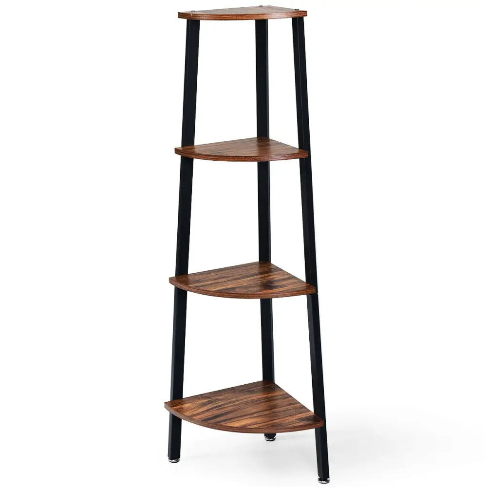 4-Tier Corner Shelf Metal Storage Rack Domestic Bookcase-Brown - Black - Bookcases