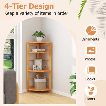 4-Tier Corner Shelf with Rubber Wood Frame and Anti-Toppling Kit Costway