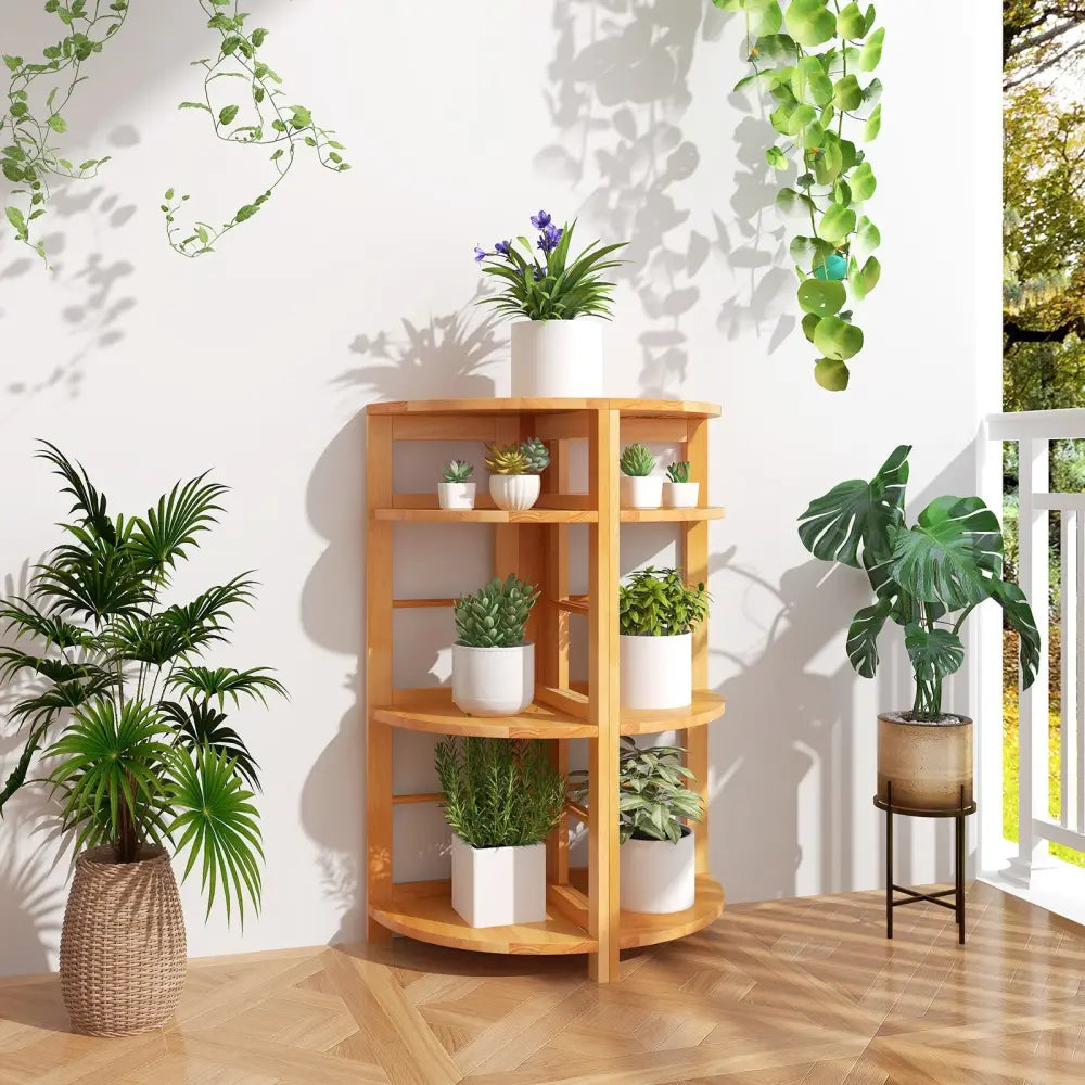 4-Tier Corner Shelf with Rubber Wood Frame and Anti-Toppling Kit - Natural - Bookcases