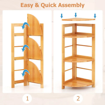 4-Tier Corner Shelf with Rubber Wood Frame and Anti-Toppling Kit Costway