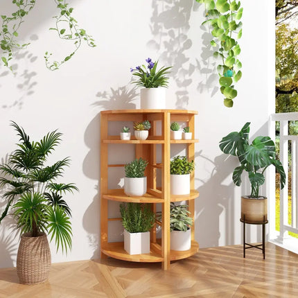 4-Tier Corner Shelf with Rubber Wood Frame and Anti-Toppling Kit Costway