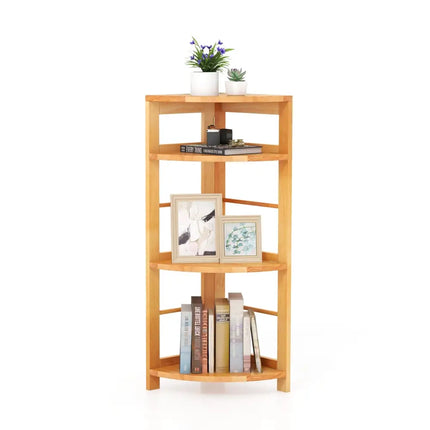 4-Tier Corner Shelf with Rubber Wood Frame and Anti-Toppling Kit Costway