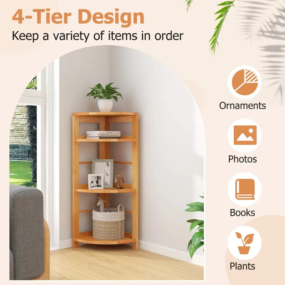 4-Tier Corner Shelf with Rubber Wood Frame and Anti-Toppling Kit - Natural - Bookcases