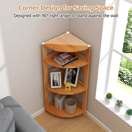 4-Tier Corner Shelf with Rubber Wood Frame and Anti-Toppling Kit Costway