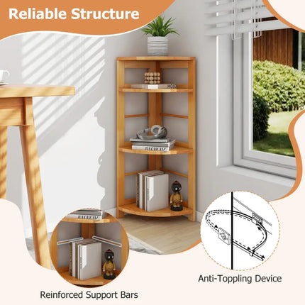 4-Tier Corner Shelf with Rubber Wood Frame and Anti-Toppling Kit Costway