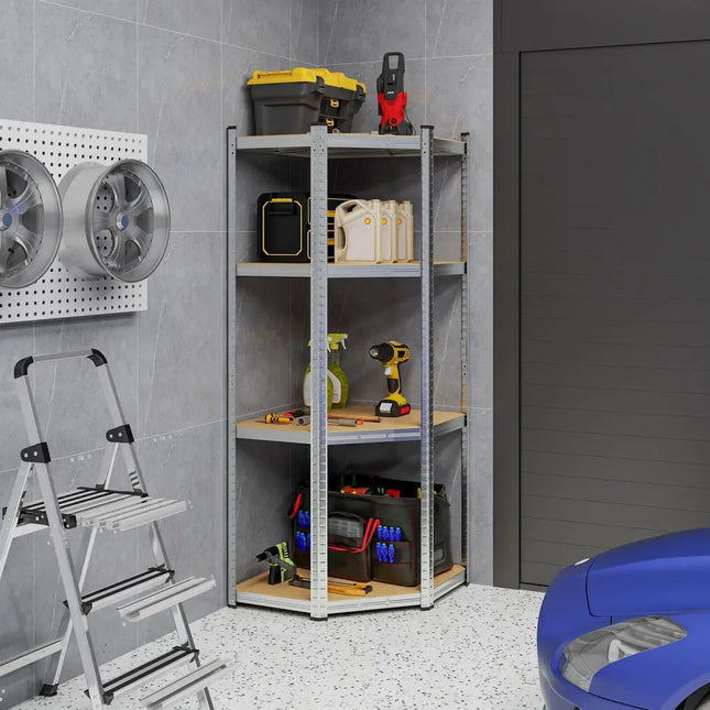 4-Tier Corner Shelving Unit Adjustable Garage Storage Utility Rack for Warehouse-Silver - Silver - Garages