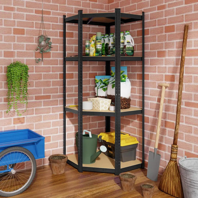 4-Tier Corner Shelving Unit Adjustable Garage Storage Utility Rack for Warehouse-Black - Black - Garages