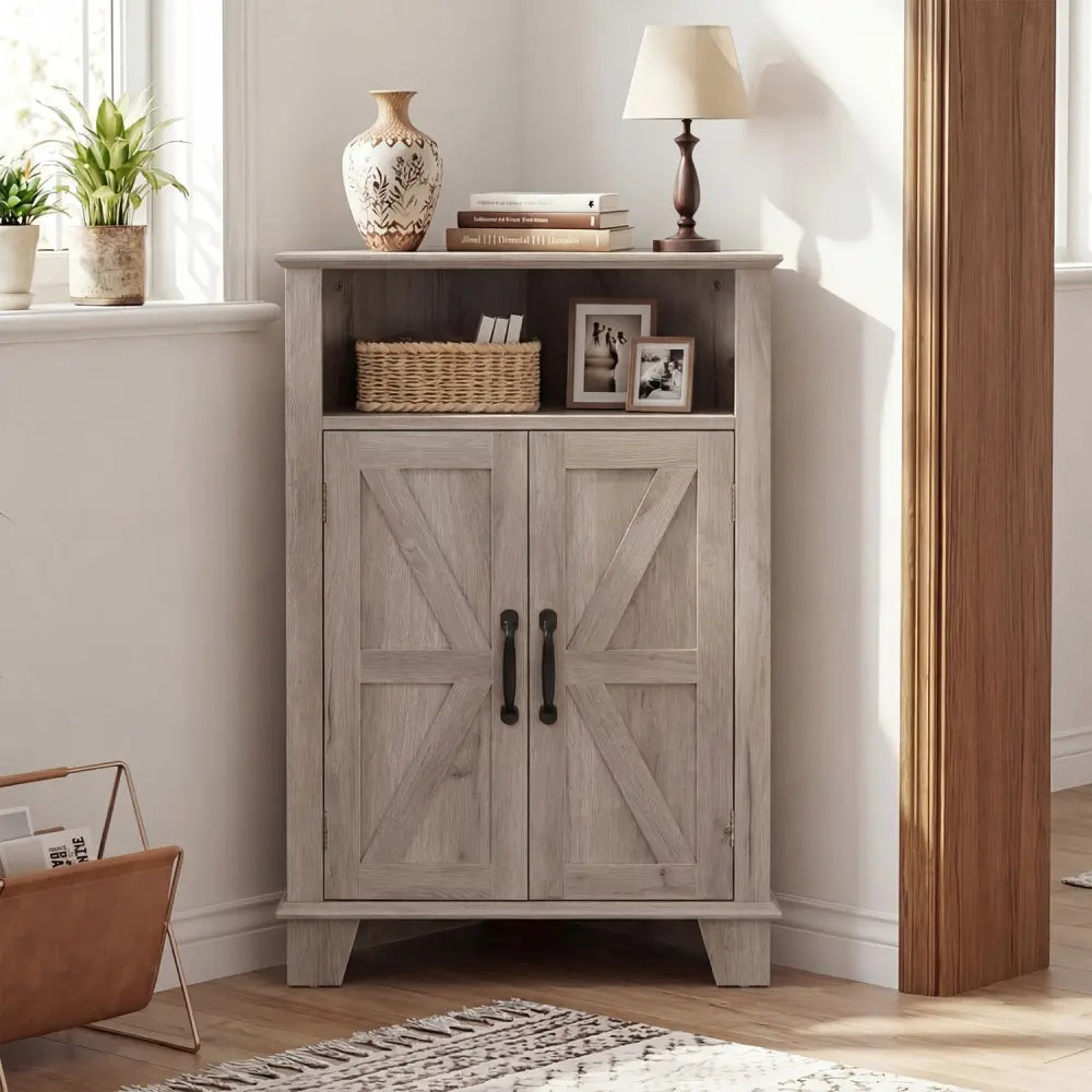 4-Tier Corner Storage Cabinet with Open Shelf-Gray - Gray - Cabinets & Chests