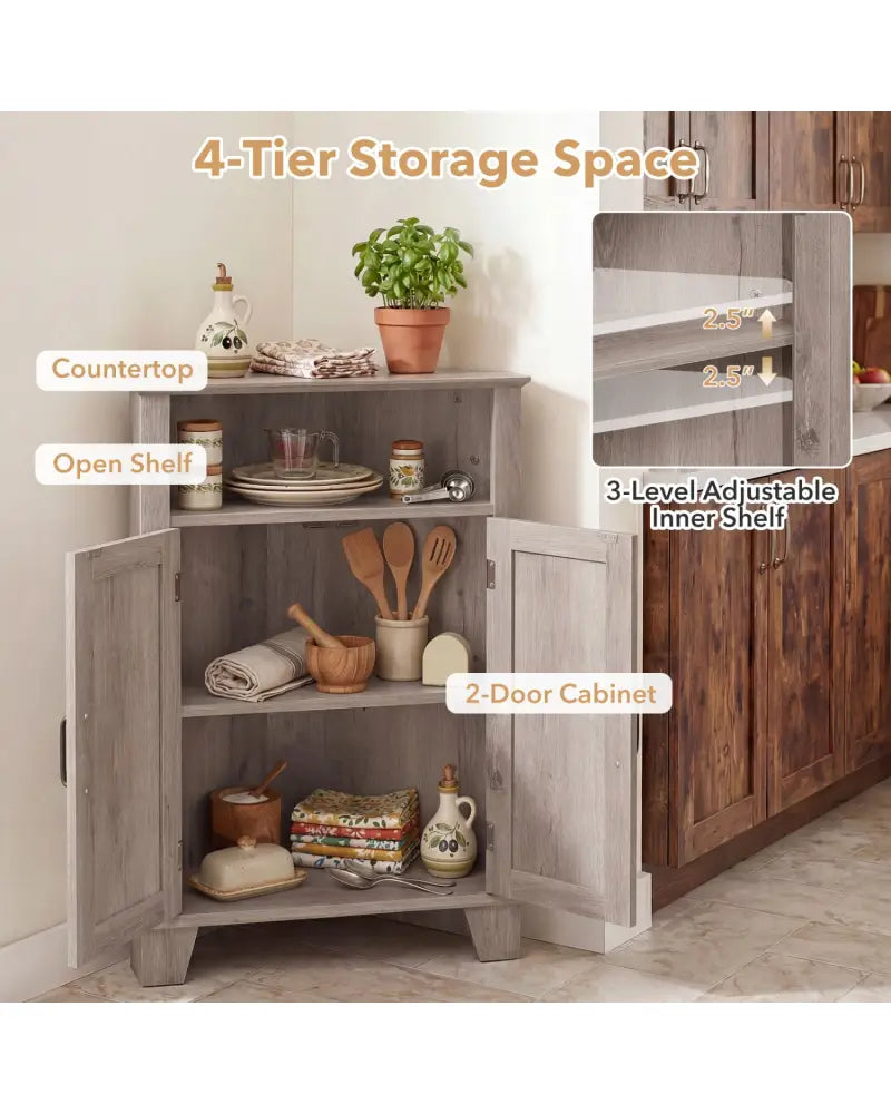 4-Tier Corner Storage Cabinet with Open Shelf-Gray - Gray - Cabinets & Chests