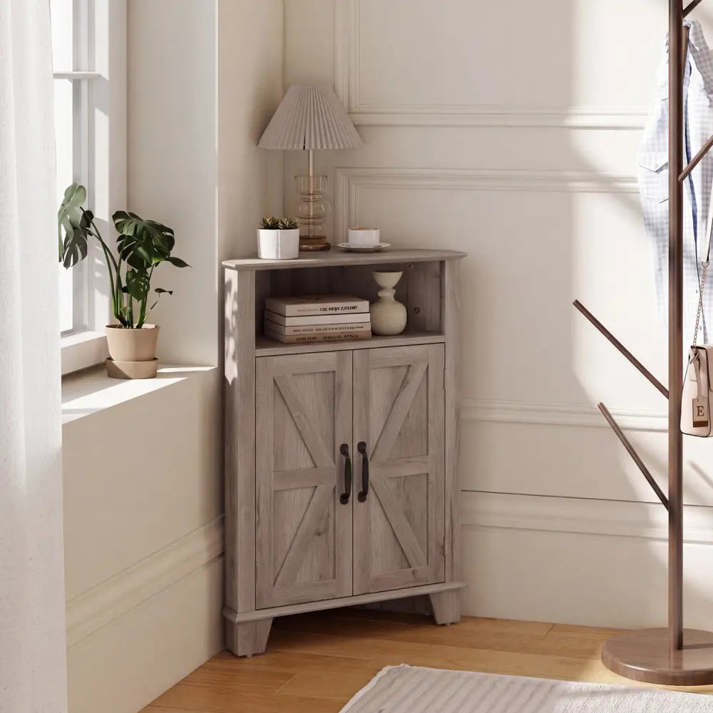 4-Tier Corner Storage Cabinet with Open Shelf-Gray - Gray - Cabinets & Chests