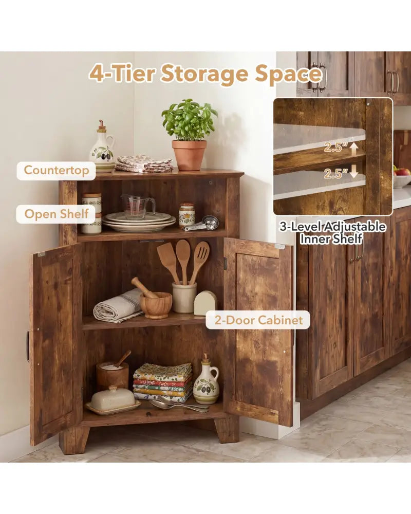 4-Tier Corner Storage Cabinet with Open Shelf-RusticBrown - Rustic Brown - Cabinets & Chests