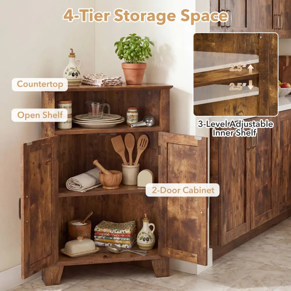 4-Tier Corner Storage Cabinet with Open Shelf-RusticBrown - Rustic Brown - Cabinets & Chests