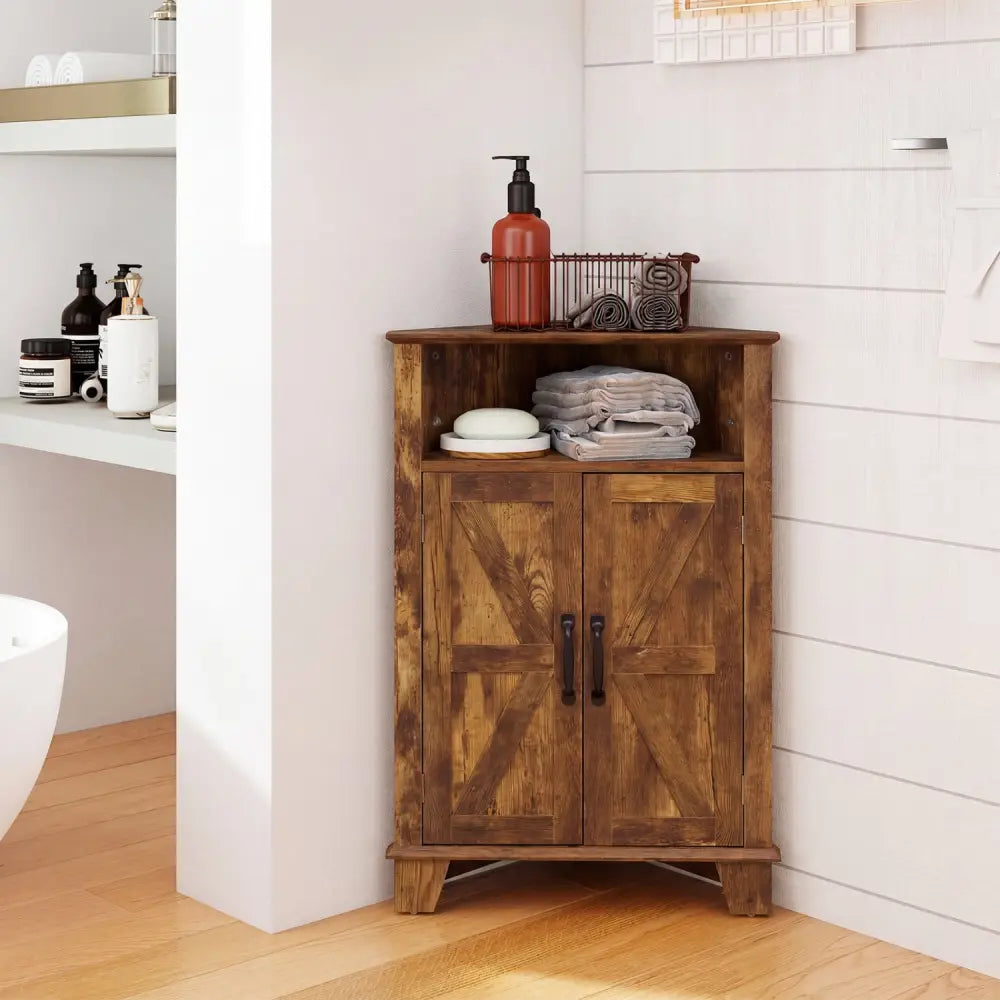 4-Tier Corner Storage Cabinet with Open Shelf-RusticBrown - Rustic Brown - Cabinets & Chests